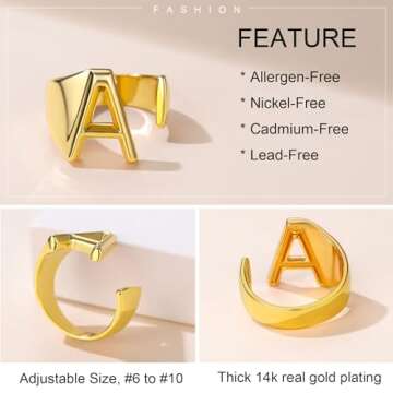 Letter G Ring Gold For Women, GoldChic Jewelry 14k Gold Plated Adjustable Statement Letter Ring for Rocker