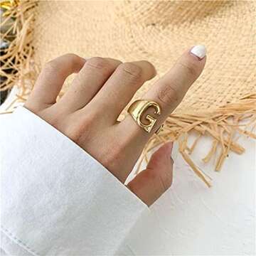 Letter G Ring Gold For Women, GoldChic Jewelry 14k Gold Plated Adjustable Statement Letter Ring for Rocker