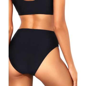 Tempt Me Women Black Two Piece Scoop Neck Bikini Crop Top Swimsuit Sporty High Waisted Bathing Suit Suit L