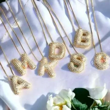 Qyalie Bubble Letter Necklace Balloon Initial Necklaces for Women Dainty Alphabet Pendant 14K Gold Plated Puffy Name Personalized Jewelry (N, Zircon Gold)