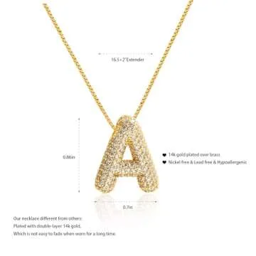 Qyalie Bubble Letter Necklace Balloon Initial Necklaces for Women Dainty Alphabet Pendant 14K Gold Plated Puffy Name Personalized Jewelry (N, Zircon Gold)