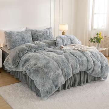 Andency Faux Fur Tie-Dyed Grey White Comforter King Size, 3 Pieces Fluffy Fuzzy Plush Bedding Comforter Set (1 Shaggy Velvet Comforter & 2 Pillowcases), Soft Puffy Comfy Down Comforter Bedding Set