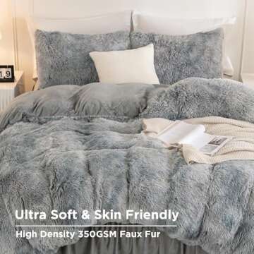 Andency Faux Fur Tie-Dyed Grey White Comforter King Size, 3 Pieces Fluffy Fuzzy Plush Bedding Comforter Set (1 Shaggy Velvet Comforter & 2 Pillowcases), Soft Puffy Comfy Down Comforter Bedding Set