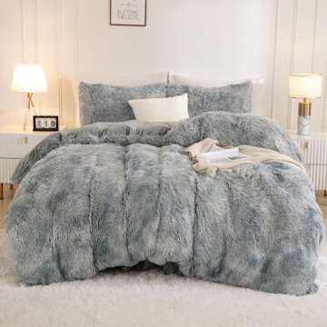 Andency Faux Fur Tie-Dyed Grey White Comforter King Size, 3 Pieces Fluffy Fuzzy Plush Bedding Comforter Set (1 Shaggy Velvet Comforter & 2 Pillowcases), Soft Puffy Comfy Down Comforter Bedding Set