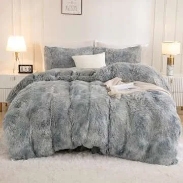 Andency Faux Fur Tie-Dyed Grey White Comforter King Size, 3 Pieces Fluffy Fuzzy Plush Bedding Comforter Set (1 Shaggy Velvet Comforter & 2 Pillowcases), Soft Puffy Comfy Down Comforter Bedding Set