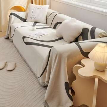 VClife Chenille Sectional Couch Cover for 3 Cushion Couch Sofa Modern Simple Beige Cream Black Stripe Geometric Jacquard Sofa Slipcover Cooling Pet-Friendly Dog Couch Slipcover with Tassel 71"x 134"