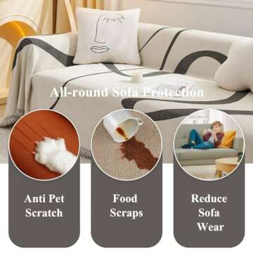 VClife Chenille Sectional Couch Cover for 3 Cushion Couch Sofa Modern Simple Beige Cream Black Stripe Geometric Jacquard Sofa Slipcover Cooling Pet-Friendly Dog Couch Slipcover with Tassel 71"x 134"