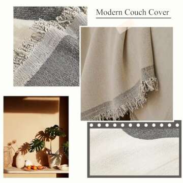 VClife Chenille Sectional Couch Cover for 3 Cushion Couch Sofa Modern Simple Beige Cream Black Stripe Geometric Jacquard Sofa Slipcover Cooling Pet-Friendly Dog Couch Slipcover with Tassel 71"x 134"