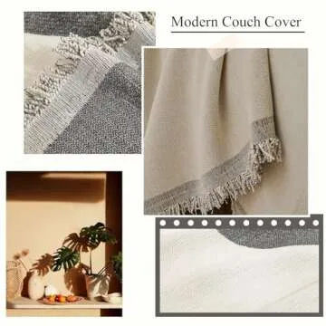 VClife Chenille Sectional Couch Cover for 3 Cushion Couch Sofa Modern Simple Beige Cream Black Stripe Geometric Jacquard Sofa Slipcover Cooling Pet-Friendly Dog Couch Slipcover with Tassel 71"x 134"