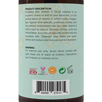 Simplified Skin Vitamin C Facial Cleanser (8 oz) Gel for Daily Anti-Aging & Acne Treatment. Clear Pores on Oily, Dry & Sensitive Skin. Natural Makeup Removing Face Wash