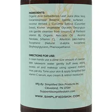 Simplified Skin Vitamin C Facial Cleanser (8 oz) Gel for Daily Anti-Aging & Acne Treatment. Clear Pores on Oily, Dry & Sensitive Skin. Natural Makeup Removing Face Wash