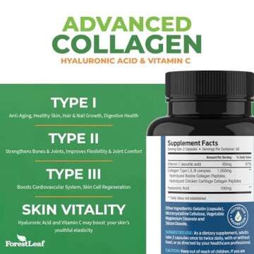 ForestLeaf Multi Collagen Pills with Hyaluronic Acid + Vitamin C | Hydrolyzed Collagen Supplements f...