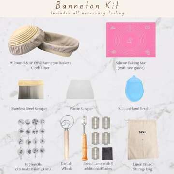 Tashi Banneton Bread Proofing Basket Set – 9" Round & 10" Oval Rattan Baskets | Ultimate Sourdough Bread Making Kit with Dough Scrapers, Linen Liners, and Essential Baking Tools