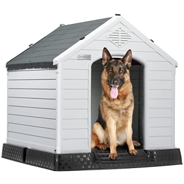 LEMBERI Durable Waterproof Plastic Dog House for Small to Large Sized Dogs, Indoor Outdoor Doghouse ...
