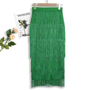 AOMEI Women's Spring Green High Waist Fringe Tiered Bodycon Pencil Midi Skirt M