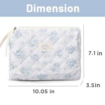 Sminra Makeup Bag Large Travel Quilted Cosmetic Makeup Bag Organizer, Floral Cotton Coquette Aesthetic Toiletry Bag for Women Girls (Blue Romantic Rose)