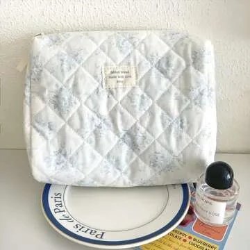 Sminra Makeup Bag Large Travel Quilted Cosmetic Makeup Bag Organizer, Floral Cotton Coquette Aesthetic Toiletry Bag for Women Girls (Blue Romantic Rose)