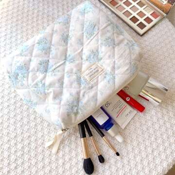 Sminra Makeup Bag Large Travel Quilted Cosmetic Makeup Bag Organizer, Floral Cotton Coquette Aesthetic Toiletry Bag for Women Girls (Blue Romantic Rose)