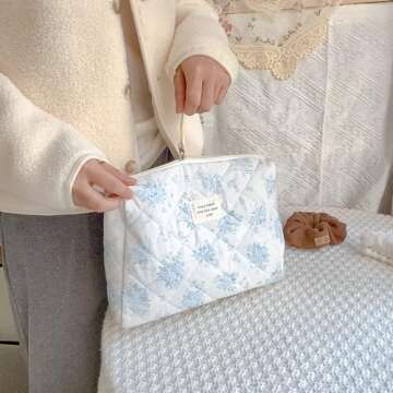 Sminra Makeup Bag Large Travel Quilted Cosmetic Makeup Bag Organizer, Floral Cotton Coquette Aesthetic Toiletry Bag for Women Girls (Blue Romantic Rose)