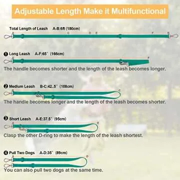 Wisedog Waterproof Standard Dog Leashes with 2 Hooks, 5 ft/ 6 ft Lengths, Adjustable for Traffic Control Safety, for Small, Medium & Large Dogs Walking (Emerald Green,L)