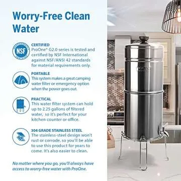ProOne Traveler+ Stainless-Steel Gravity Water-Filter System, 2.25-Gallon Water Capacity, Countertop Water Dispenser for Home and Travel with One 5-Inch Filter and Wire Stand