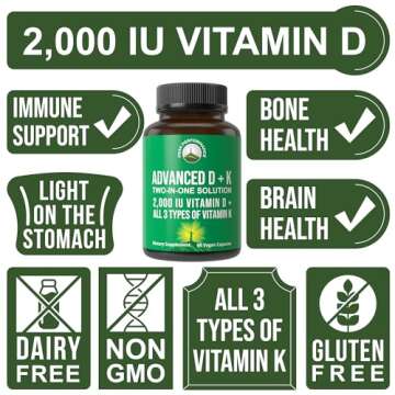 Peak Performance Advanced Vitamin D 2000 IU with All 3 Types of Vitamin K Vitamin D3 and Vitamin K2, K1, MK-7 (MK7), MK4 Supplements. 60 Small and Easy to Swallow Vegetable Pills (2000 IU)