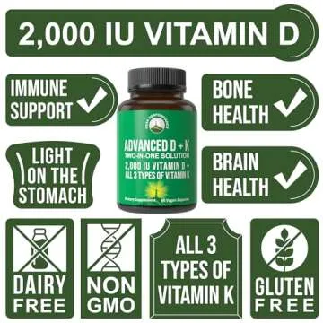 Peak Performance Advanced Vitamin D 2000 IU with All 3 Types of Vitamin K Vitamin D3 and Vitamin K2, K1, MK-7 (MK7), MK4 Supplements. 60 Small and Easy to Swallow Vegetable Pills (2000 IU)