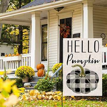 BLKWHT Hello Pumpkin Fall Thanksgiving Garden Flag Vertical Double Sided 12.5 x 18 Inch Colorful Autumn Buffalo Check Burlap Yard Outdoor Decor