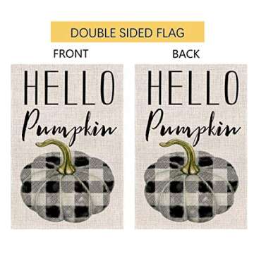 BLKWHT Hello Pumpkin Fall Thanksgiving Garden Flag Vertical Double Sided 12.5 x 18 Inch Colorful Autumn Buffalo Check Burlap Yard Outdoor Decor