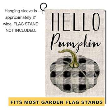 BLKWHT Hello Pumpkin Fall Thanksgiving Garden Flag Vertical Double Sided 12.5 x 18 Inch Colorful Autumn Buffalo Check Burlap Yard Outdoor Decor