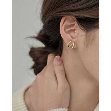 Reffeer Sterling Silver Half Hoop Earrings Wrap for Women Cuff Earrings Piercings Studs (Yellow)