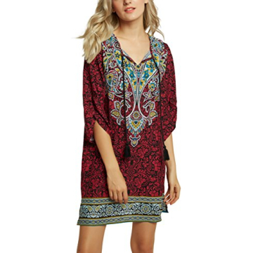 Women Bohemian Neck Tie Vintage Printed Ethnic Style Summer Shift Dress (Large, pattern21)