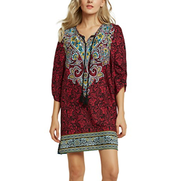 Bohemian Neck Tie Vintage Summer Shift Dress for Women