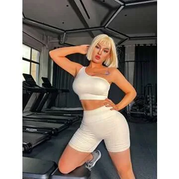 OQQ Workout Outfits for Women 2 Piece Ribbed One Shoulder High Waist Shorts With Sports Bra Exercise Set Beige