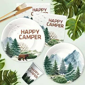 APOWBLS Camping Party Supplies - Happy Camper Birthday Decorations Dinnerware Include Dinner Plate, Dessert Plates, Cups, Napkins, Camping Theme Adventure Party Supplies Tableware | Serve 24