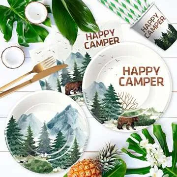 APOWBLS Camping Party Supplies - Happy Camper Birthday Decorations Dinnerware Include Dinner Plate, Dessert Plates, Cups, Napkins, Camping Theme Adventure Party Supplies Tableware | Serve 24