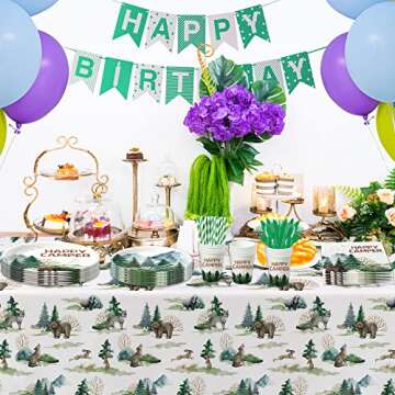 APOWBLS Camping Party Supplies - Happy Camper Birthday Decorations Dinnerware Include Dinner Plate, Dessert Plates, Cups, Napkins, Camping Theme Adventure Party Supplies Tableware | Serve 24