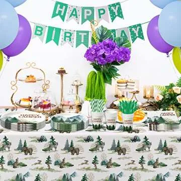 APOWBLS Camping Party Supplies - Happy Camper Birthday Decorations Dinnerware Include Dinner Plate, Dessert Plates, Cups, Napkins, Camping Theme Adventure Party Supplies Tableware | Serve 24