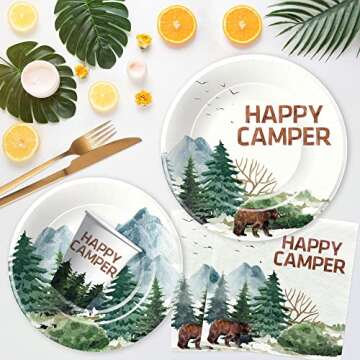 APOWBLS Camping Party Supplies - Happy Camper Birthday Decorations Dinnerware Include Dinner Plate, Dessert Plates, Cups, Napkins, Camping Theme Adventure Party Supplies Tableware | Serve 24
