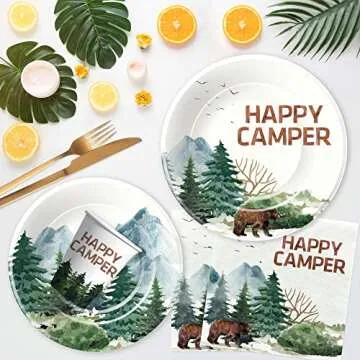APOWBLS Camping Party Supplies - Happy Camper Birthday Decorations Dinnerware Include Dinner Plate, Dessert Plates, Cups, Napkins, Camping Theme Adventure Party Supplies Tableware | Serve 24