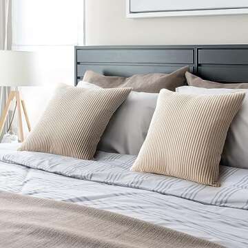 YCOLL Beige Pillow Covers 20x20 Set of 2 Velvet Striped Pattern - Soft Throw Pillows for Home Decor, Luxury Decorative Pillow Covers for Couch, Bed,Living Room