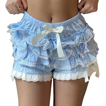 Women Y2k Lolita Bloomers Ruffle Pumpkin Panties Bottom Lace Trim Layered High Waist Short Pants(Ruf...