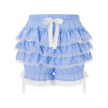 Women Y2k Lolita Bloomers Ruffle Pumpkin Panties Bottom Lace Trim Layered High Waist Short Pants(Ruffle Blue,Small)