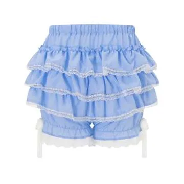 Women Y2k Lolita Bloomers Ruffle Pumpkin Panties Bottom Lace Trim Layered High Waist Short Pants(Ruffle Blue,Small)