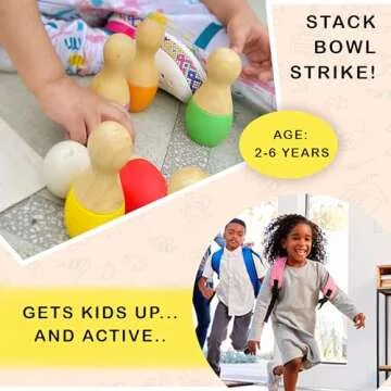 Shumee Wooden Bowling Set for 2 3 4 5 6+ Year Old Kids | Indoor Toddler Toys | Gifts | Family Party Games | Holiday | 6 pins & 1 Ball | Child Safe & Non Toxic | Valentine's Day Gift for Kids