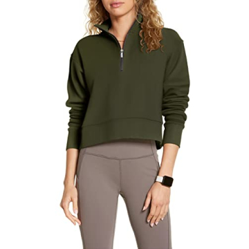 Cyanstyle Women's Army Green Half Zip Crop Sweatshirt