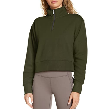 Cyanstyle Women's Army Green Half Zip Crop Sweatshirt