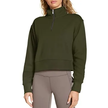 Cyanstyle Women's Army Green Half Zip Crop Sweatshirt