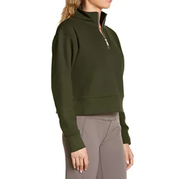 Cyanstyle Women's Army Green Half Zip Crop Sweatshirt