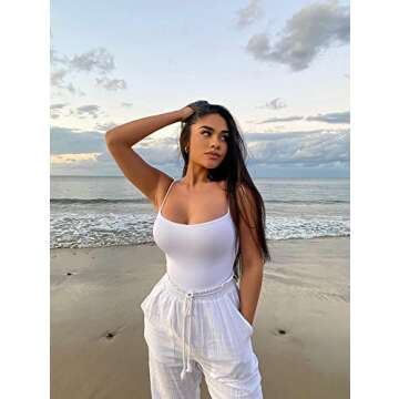 eoeoo Women's Sleeveless Scoop Neck Adjustable Spaghetti Strap Double Lined Thong Bodysuits White Small